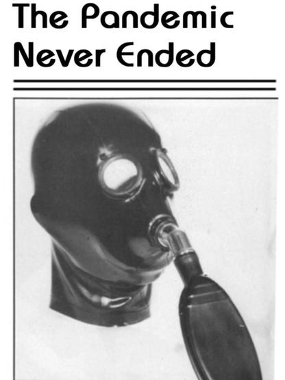 Close up of the featured image of a head wearing a vintage gas mask and goggles, and the text:

The Pandemic Never Ended