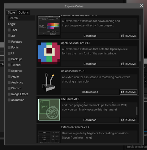 Grey panel showing the extensions available in Pixelorama. At the center there's ColorChecker-vO.1 "An extension for assistance in matching colors wile choosing a new color"
It's icon is a pixel-art rendering of the physical tool: a metal wedge with two vertical rods on top, one has a circumference, the other, in front, holds samples of colors.

It works by looking through the circumference, which isolates the colors to check, align the sample(s) end with the part of the subject you want to match and compare their differences.