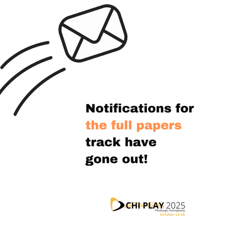 The image shows a drawing of a letter, next to writing in bold black and orange, stating “Notifications for the full papers track have gone out!”