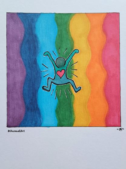 Im Skizzenbuch A5 mit schwarzem Fineliner, Alcohol Markern und weißem Gelroller gemalt: In einem quadratischen Feld befindet sich mittig ein hüpfendes, grün und türkisfarbenes Männchen im Stil von Keith Haring. Es hat die Arme erhoben, die Beine angewinkelt und ein großes rotes Herz auf der Brust. Im Hintergrund befinden sich sieben gewellte, senkrechte Streifen in den Farben des Regenbogens, von Violett links bis Rot rechts.