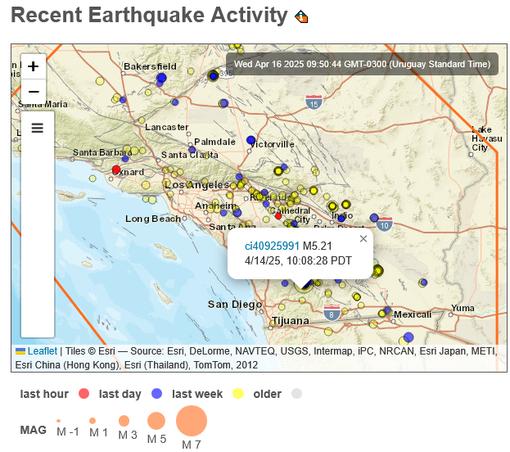 Screenshot of map with recent earthquake activity in Southern California with a magnitude 5.21 quake highlighted that occurred 14 Apriil at 10:08:28 PDT.