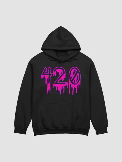 The front of a black hoodie with the number 420 in a creepy, dripping font. The numbers are hot pink with a blue outline. The background is white.