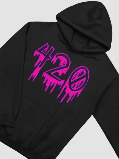A close up of the front of a black hoodie turned sideways with the number 420 in a creepy, dripping font. The numbers are hot pink with a blue outline. The background is white.