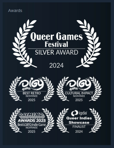 Steam store page awards box with 5 awards, from the queer games festival, DIGY awards, Gayming awards, and the igda queer indies showcase