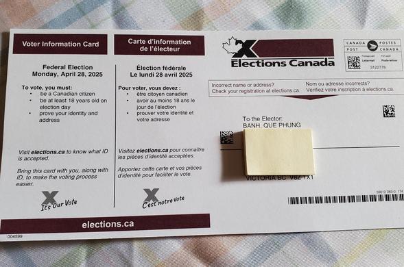 My elections Canada voter registration card.