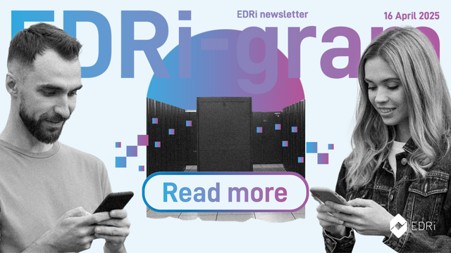 Promotional banner for the EDRi newsletter dated 16 April 2025, featuring a large gradient title 'EDRi-gram'. A man and a woman, both in black and white, are shown looking at their smartphones on either side of a central image of a server room. Colourful digital pixels connect the people to the servers. A large button in the centre reads 'Read more'. The EDRi logo appears in the bottom-right corner.