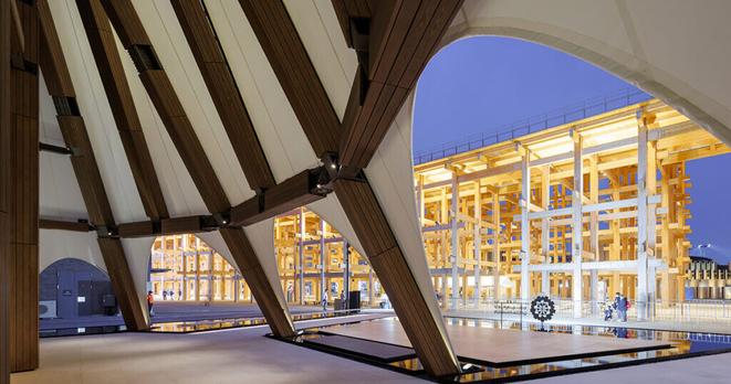 kengo kuma's qatar pavilion in osaka highlights qatari ships and japanese joinery