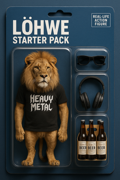 Realistische Actionfigur eines Löwen, der ein schwarzes Heavy Metal T-shirt trägt. in einer hochwertigen Verpackung im Stil eines Sammelspielzeugs. Die Actionfigur bleibt in ihrem eigenen Fach, während in den Fächern auf der rechten Seite eine Sonnenbrille, Hifi Kopfhörer und ein 6erPack Bier enthalten sind.
Die blaue Verpackung trägt das Label "Löhwe Starter Pack"
