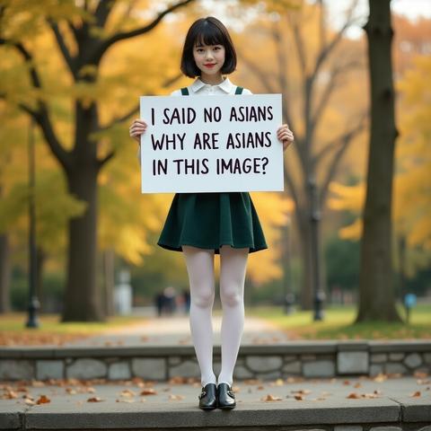 A picture of a young Japanese girl in an AI-generated image. She is holding a sign that says I SAID NO ASIANS. WHY ARE ASIANS IN THIS IMAGE?