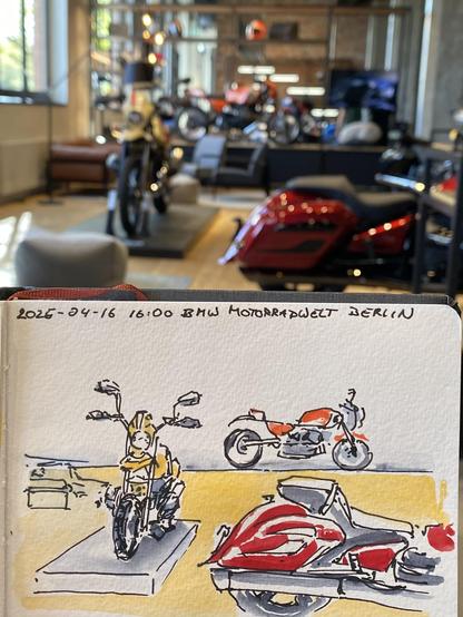 Drawing of three exhibited Motorcycles in front of the real ones.