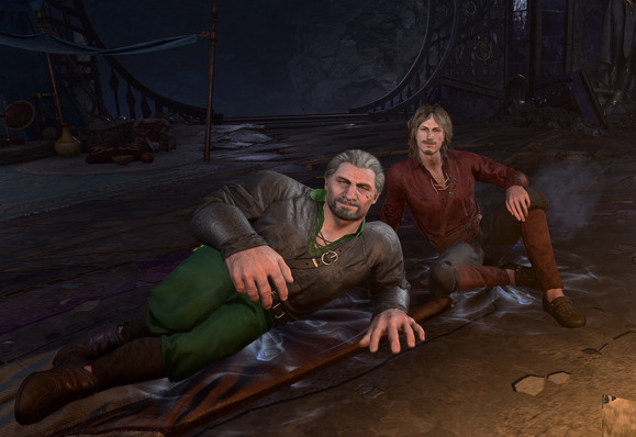Baldur's Gate 3 photo mode screenshot, showing a dwarf that looks a lot like Izzy Hands and a half-elf that looks like Calico Jack (at least if you squint). They are relaxing next to a campfire that's not in the picture, but the glow of fire illuminates them. Both look at the camera, light smirk on their faces. Izzy is half-lying on his side, CJ is sitting next to him.