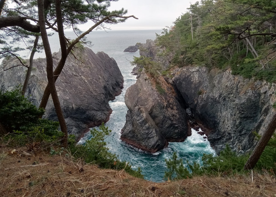 photo of a coastal rock formation (Kaminari Rock in Ofunato, Iwate, Japan) from above on a cliff - the water is a vivid teal color