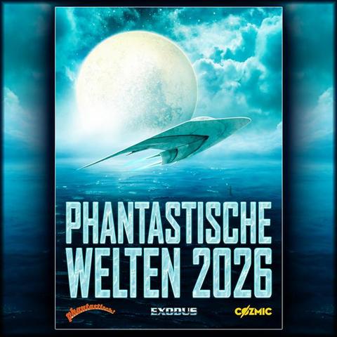 Mein Deckblatt des Kalenders: ein Raumschiff auf einem fremden Planeten vor einem Mond.