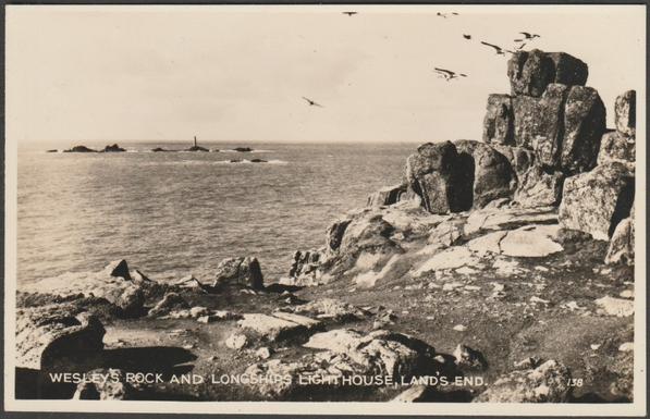 Monochrome real photographic postcard showing a view of Wesley's Rock and the Longships Lighthouse at Land's End in Cornwall.

Publisher not stated, No 138, with Land's End cachet type 66, c.1957.

Postally unused.

Very good condition, with minimal corner bumps, but tiny knock to top left corner.