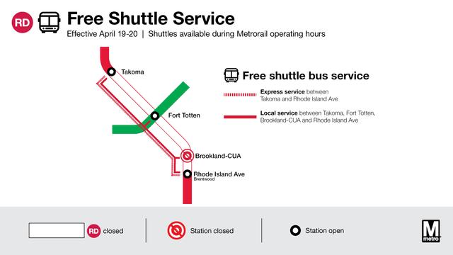 Weekend trackwork: Buses replace trains between Rhode Island Ave and Takoma on Red Line this weekend
On Saturday April 19 and Sunday April 20, free shuttle buses will replace trains between Rhode Island Ave. and Takoma on the Red Line.

The Brookland station will be closed and there will be no Red Line train service at Fort Totten. Crews will be working to replace the switch machines in the interlocking where trains are able to cross between separate tracks.