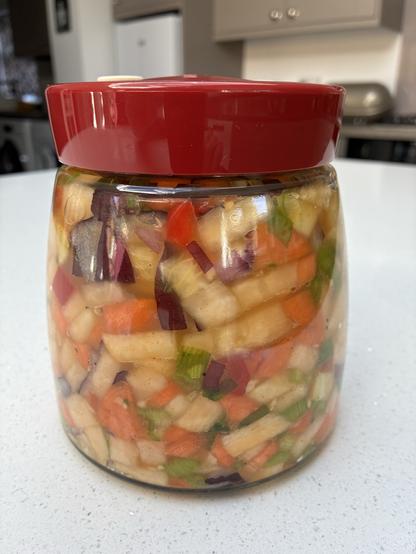Colourful kimchi with lots of fresh vegetables. Fermented food, great for the gut.