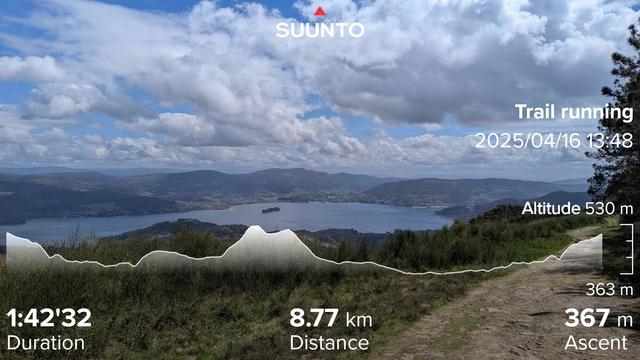 Looking out over a bay with hills and the town of Vigo in the other side and big fluffy clouds above, the forest track running off to the right just before it goes down steeply. Green gause bushes in foreground with the odd early yellow flowers coming out again with my running stats imprinted on top