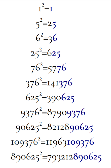 1²=1
5²=25
6²=36
25²=625
76²=5,776
376²=14,1376
625²=39,0625
9,376²=8,790,9376
90,625²=8,212,890,625
109,376²=11,963,109,376
890,625²=793,212,890,625