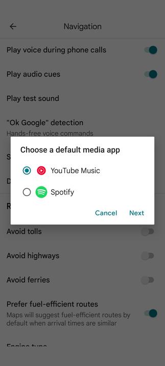 Google maps setting for "default media playback controls" showing only YouTube music and Spotify