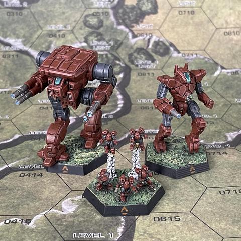 Warhawk, Wolfhound IIC, and Elementals miniatures painted brown and dark grey