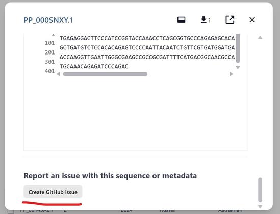 A screenshot of the Pathoplexus website, highlighting the "create github issue" button at the bottom of a sequence information page.
