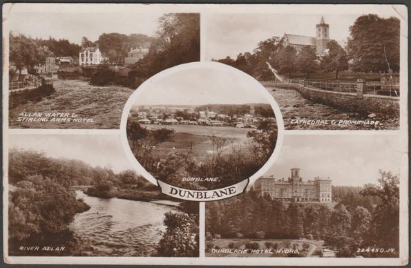 Sepia real photographic multiview postcard showing five views of Dunblane in Perthshire. Views shown are Allan Water & Stirling Arms Hotel, Cathedral & Promenade, Dunblane Hotel Hydro, River Allan and Dunblane.

Published by Valentine & Sons Ltd, Dundee & London, No 224450, registered in 1934, c.1930s.

Postally unused.

Fairly good condition, with some corner bumps, but creasing to top right corner.