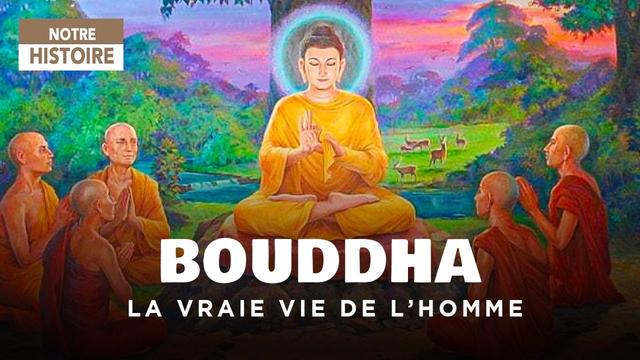une image représentant le Bouddha avec des disciples devant lui.