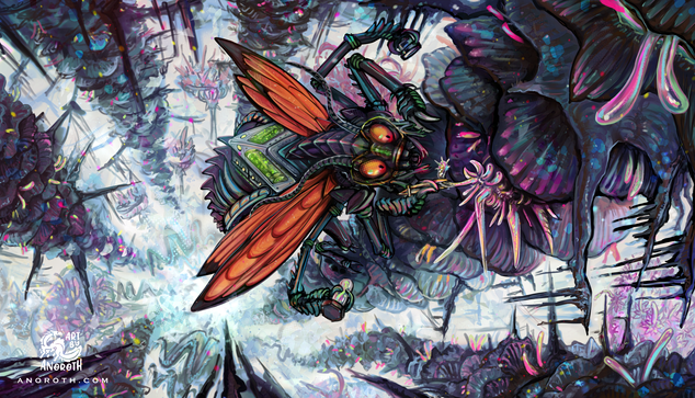 Anthropomorphic insect Xaine is a scientist explorer who visitis different planets. He a wasp based dark insect with orange wings. He has UV protecting helmet on his head and air-providing machines around thorax. He is climbing an alien mushroom-tree which is filled with transclucent parasite-like specimens. He is extruding one of them from between the mushroom-leaves. Perspective is a sharp bird view angle looking down into the abyss, the trees are very  tall. Illustration commissioned by Wehf