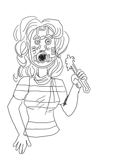 A digitally inked pencil sketch of an unmasked fembot attempting to eat a stalk of celery. For the #robotfood prompt at #sketchdaily
