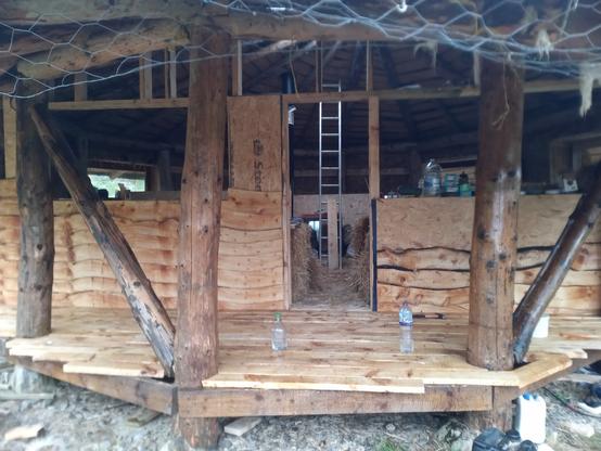 The front of the roundhouse. The pillar and brace on the right of the picture are newly coated with tung oil, and are glossy. The weather boarding on the left of the doorway is complete, on the right partially done. The decking planks are laid and fastened but not yet trimmed. The door and front windows have yet to be fitted. Inside, the new stove is visible behind a ladder.
