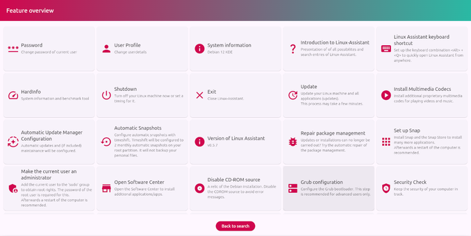 Screenshot of the Linux-Assistance Feature overview, which  includes numerous everyday tasks