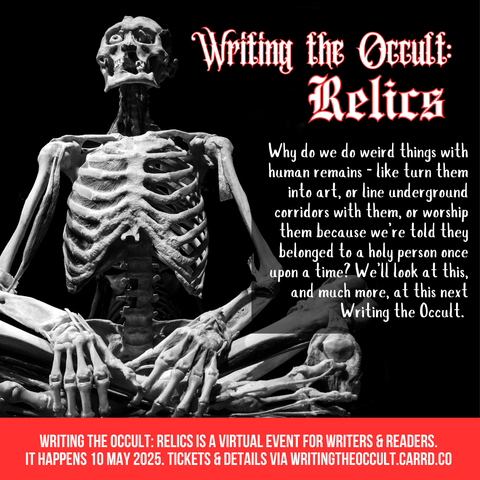 A black and white image of a human skeleton sitting cross-legged