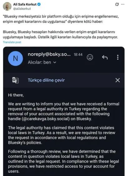 Screen shot of Turkish user who posted a note from Bluesky that their account is being deactivated because the Turkish Government is against that person. From Reddit.