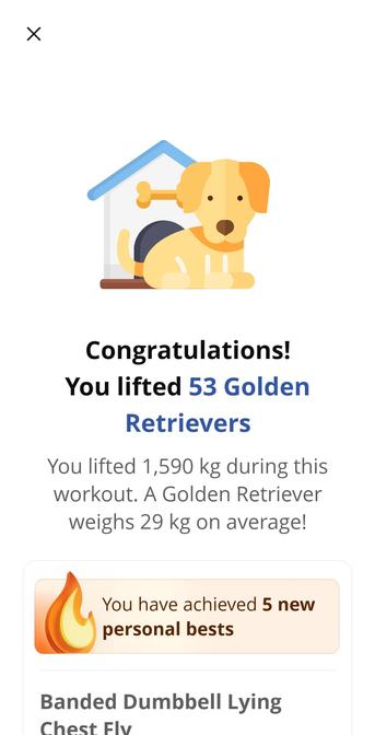 Screenshot of the Everfit app that reads "Congratulations! You lifted 53 Golden Retrievers" with an icon of a golden retriever cartoon outside a doghouse above it