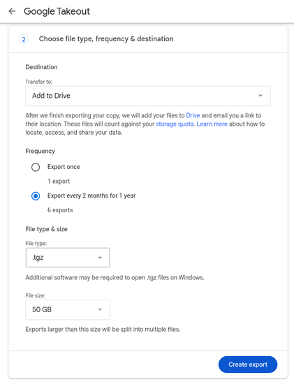 Screenshot aus dem Google-Takeout-Export-Dialog mit den im Post genannten Möglichkeiten.