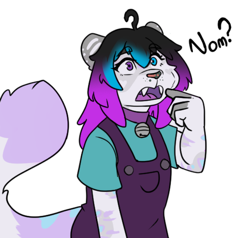 The image shows an anthropomorphic snow leopard character with purple and teal hair, wearing overalls. The character is looking up and to the side, with its hand near its mouth, and a speech bubble above it says "Nom?". It appears to be contemplating or questioning something related to eating.