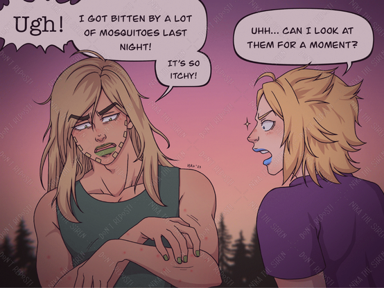 First slide of four. The scene is set outside, as dawn breaks. Gyro has mosquito bites on his arms, and he shouts while scratching: "Ugh! I got bitten by a lot of mosquitoes last night! It's so itchy!". Johnny seems interested, and says: "Uhh... can I look at them for a moment?".