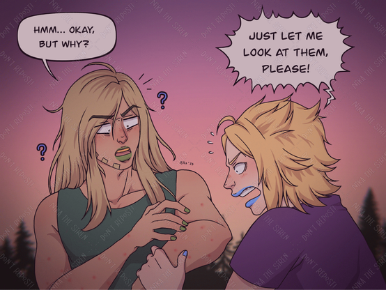 Second slide of four. Gyro is confused, and says: "Hmm... okay, but why?". Johnny grabs Gyro's arm, looks at it intensely, and shouts: "Just let me look at them, please!".