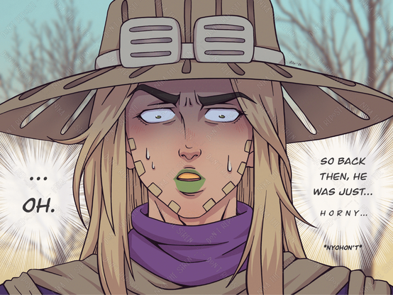 Fourth slide of four. Gyro suddenly realizes the connection between all the info, and with a shocked face, thinks: "... Oh. So back then, he was just... horny...".  *nyohon't*