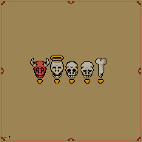 Four skulls and a broken bone with a gold pin under each one, they are supposed to be quest markers of sorts. From left to right: a red skull with horns, a regular looking skull with a golden halo above it, a regular looking skull and a sad looking skull. The broken bone is right most.