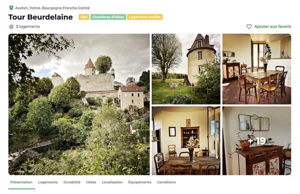 capture d’écran du site GreenGoVoyage où l’on peut louer la Tour Beurdelaine : https://www.greengo.voyage/hote/tour-beurdelaine-1