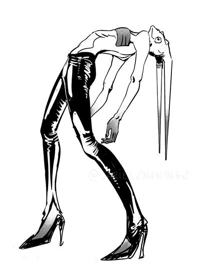 A black and white doodle of a pale humanoid alien with two tentacle tails coming out of their head. They’re bending backwards and wear shiny latex trousers, stiletto high heels and binding tape to flatten their chest.