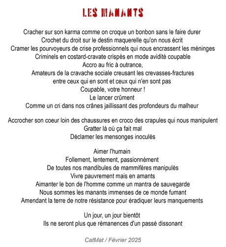 LES MANANTS

Cracher sur son karma comme on croque un bonbon sans le faire durer 
Crochet du droit sur le destin maquerelle qu'on nous écrit 
Cramer les pourvoyeurs de crise professionnels qui nous encrassent les méninges
Criminels en costard-cravate crispés en mode avidité coupable
Accro au fric à outrance,
Amateurs de la cravache sociale creusant les crevasses-fractures entre ceux qui en sont et ceux qui n'en sont pas 
Coupable, votre honneur !
Le lancer crûment 
Comme un cri dans nos crânes jaillissant des profondeurs du malheur 

Accrocher son coeur loin des chaussures en croco des crapules qui nous manipulent
Gratter là où ça fait mal
Déclamer les mensonges inoculés

Aimer l'humain 
Follement, lentement, passionnément 
De toutes nos mandibules de mammifères manipulés
Vivre pauvrement mais en amants
Aimanter le bon de l'homme comme un mantra de sauvegarde
Nous sommes les manants immenses de ce monde fumant
Amendant la terre de notre résistance pour éradiquer leurs manquements 

Un jour, un jour bientôt 
Ils ne seront plus que rémanences d'un passé dissonant