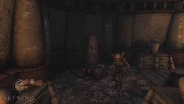 Image of the interior of Andavel Ancestral Tomb, highlighting the corner of a room of urns and other objects, featuring a small shrine seemingly guarded by a Scamp.