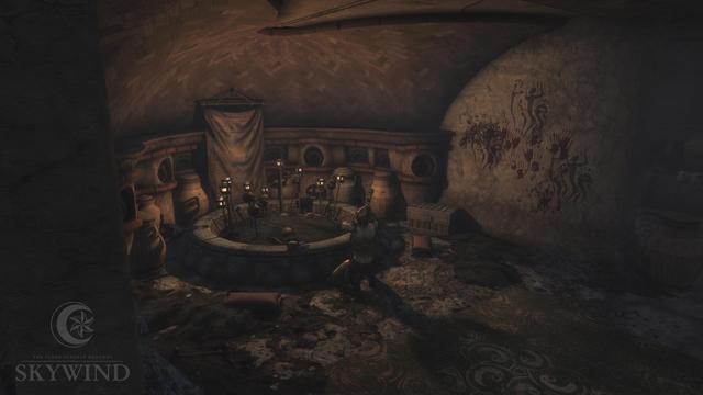 Image of the interior of Andavel Ancestral Tomb, featuring a corner with many urns surrounding an ash pit, and a Golden Saint kneeling in front of it.