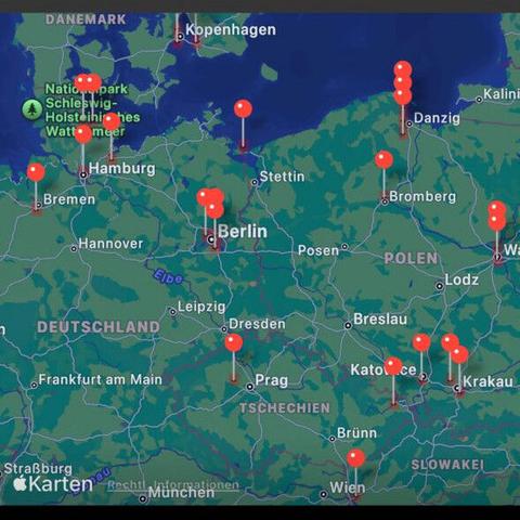 Screenshot mit Polarlichtsichtungen bis nach Wien/Bratislava