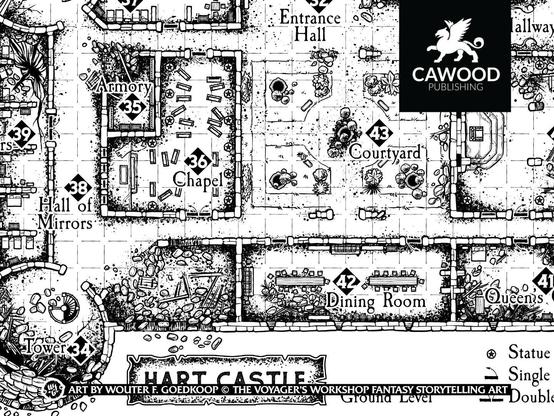 A hand drawn black and white dungeon map of Hart Castle, a location of the system neutral adventure The Fall of Rivenhelm.