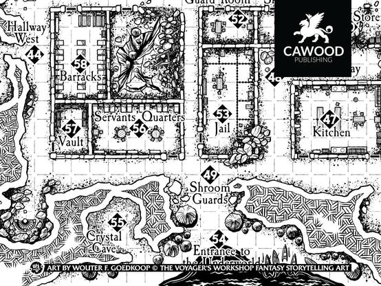 A hand drawn black and white dungeon map of the underground level of Hart Castle, a location of the system neutral adventure The Fall of Rivenhelm.