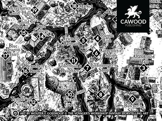 A hand drawn black and white location map of a portion of the city of a Rivenhelm, featured in the system neutral adventure The Fall of Rivenhelm.