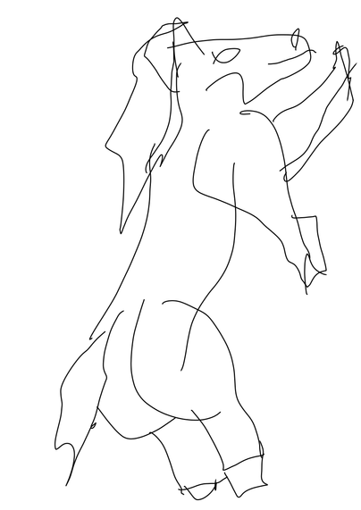 Majestic mind horse it's a really badly draw line work horse neighing and on its back legs with one front leg forward  with stubby legs no pupils and booty cheeks.